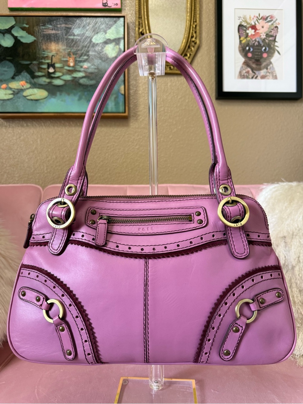 Authentic Vintage Rafe Orchid Pink Leather Satchel Shoulder Bag w Brass Hardware